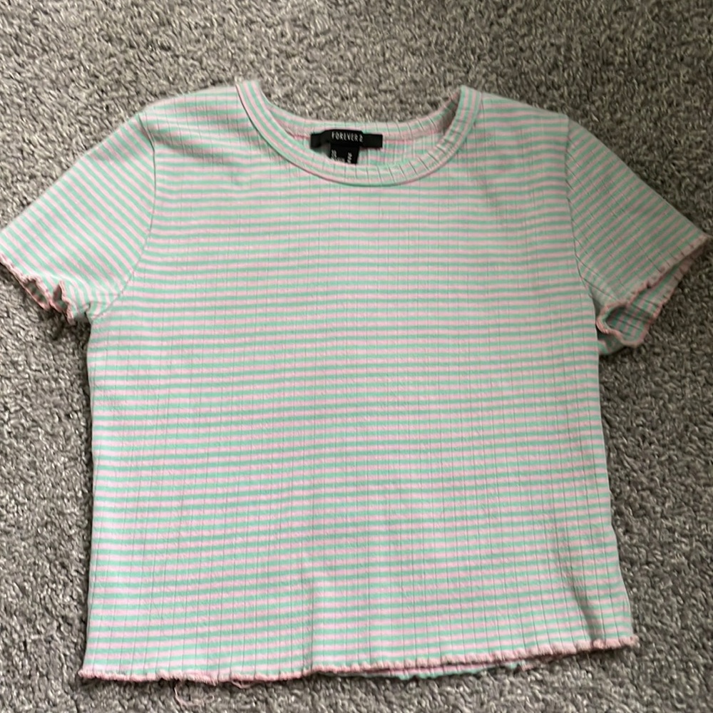 Pink and Teal striped ribbed *Forever 21* US M super stretchy crop tee